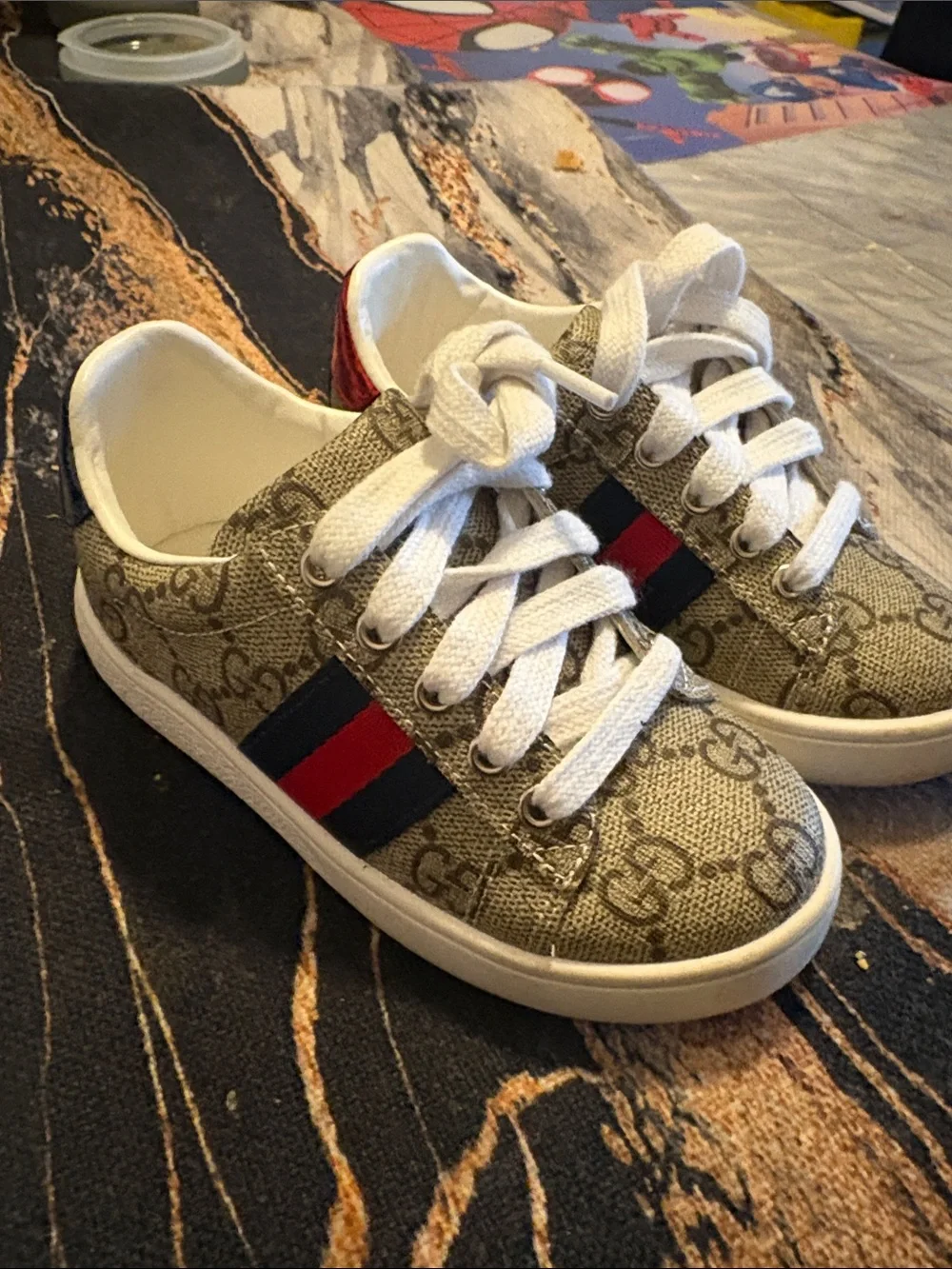 Gucci Kids Beige Monogram Sneakers with Red & Navy Stripe